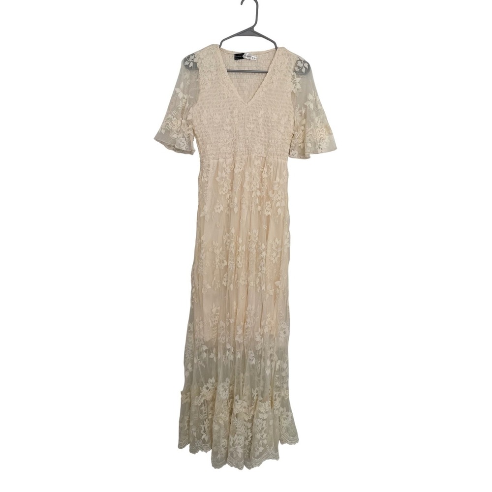 Piper & Scoot Lace Maxi Dress Cream Cottagecore Smocked Women S